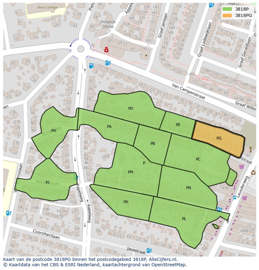 Afbeelding van het postcodegebied 3818 PG op de kaart.
