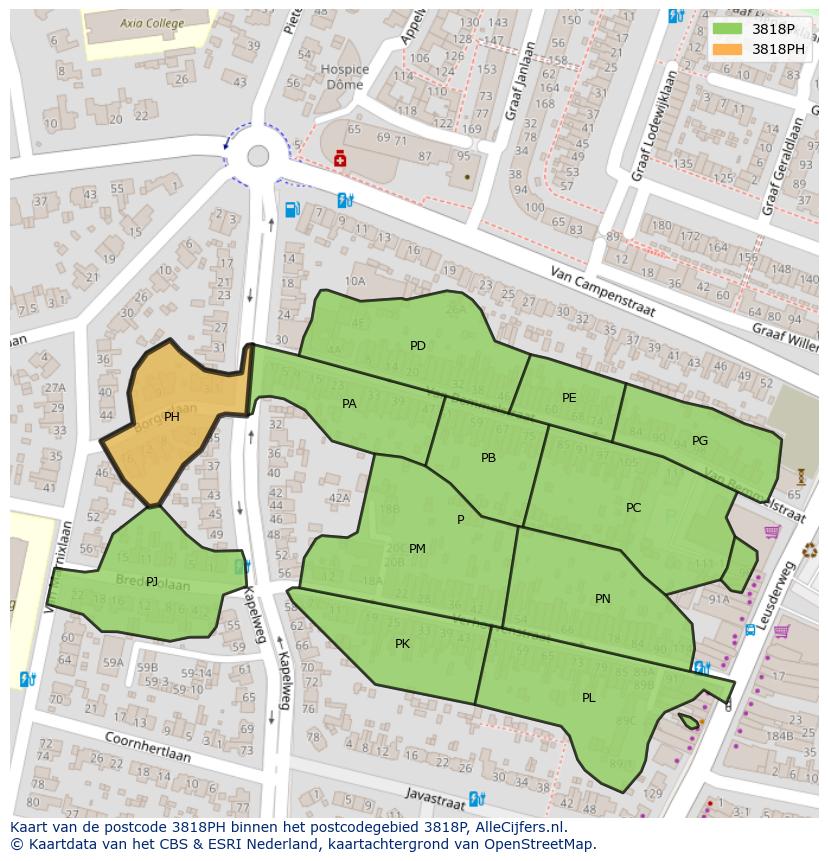 Afbeelding van het postcodegebied 3818 PH op de kaart.