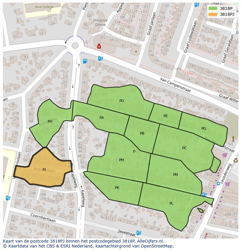 Afbeelding van het postcodegebied 3818 PJ op de kaart.