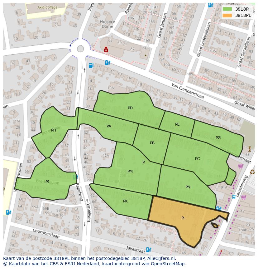 Afbeelding van het postcodegebied 3818 PL op de kaart.