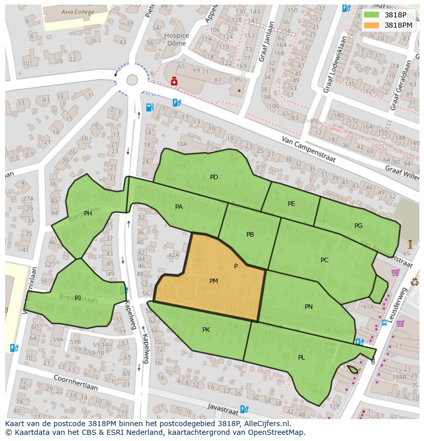 Afbeelding van het postcodegebied 3818 PM op de kaart.