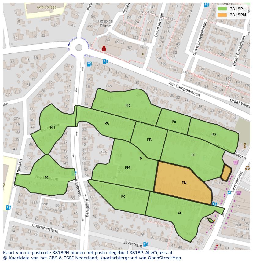 Afbeelding van het postcodegebied 3818 PN op de kaart.
