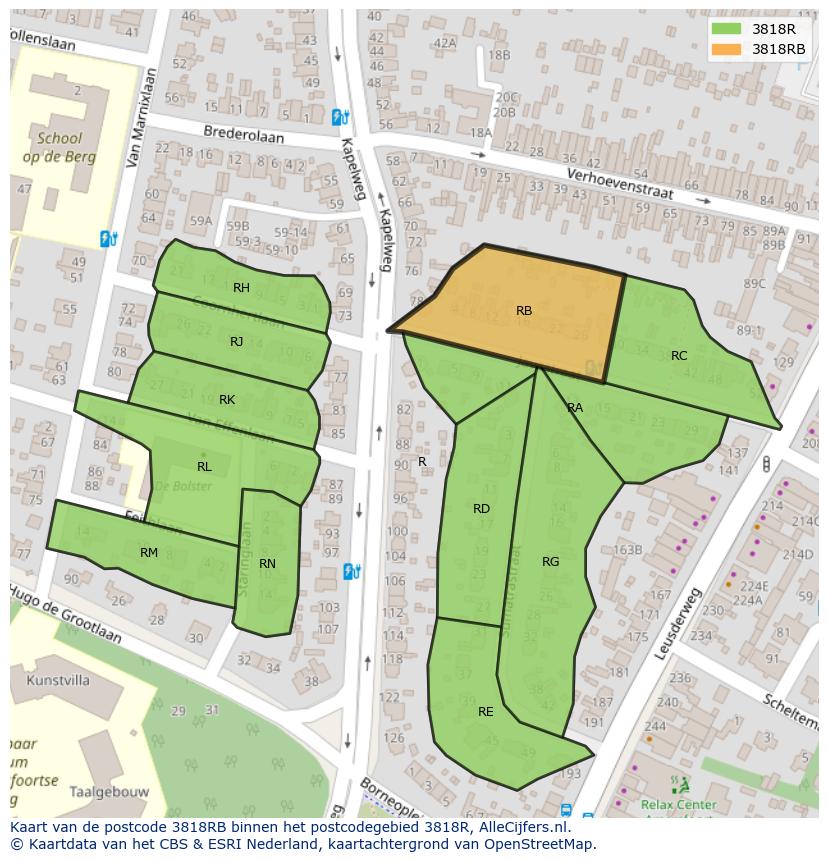 Afbeelding van het postcodegebied 3818 RB op de kaart.