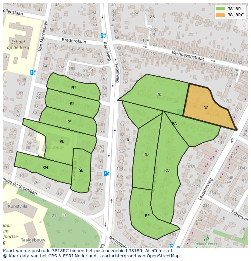 Afbeelding van het postcodegebied 3818 RC op de kaart.