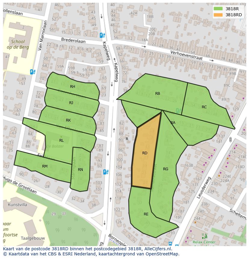 Afbeelding van het postcodegebied 3818 RD op de kaart.