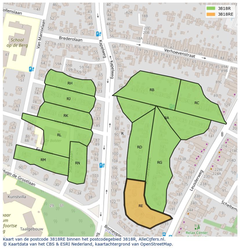 Afbeelding van het postcodegebied 3818 RE op de kaart.