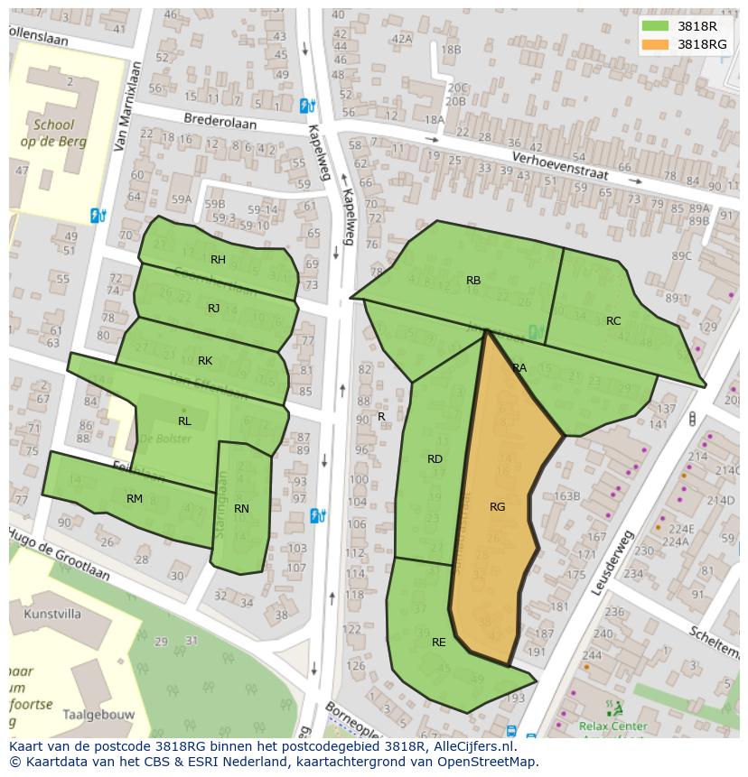 Afbeelding van het postcodegebied 3818 RG op de kaart.