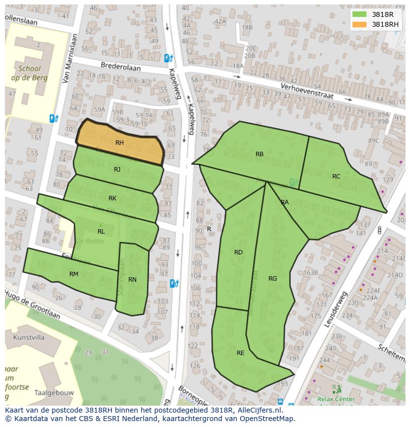 Afbeelding van het postcodegebied 3818 RH op de kaart.