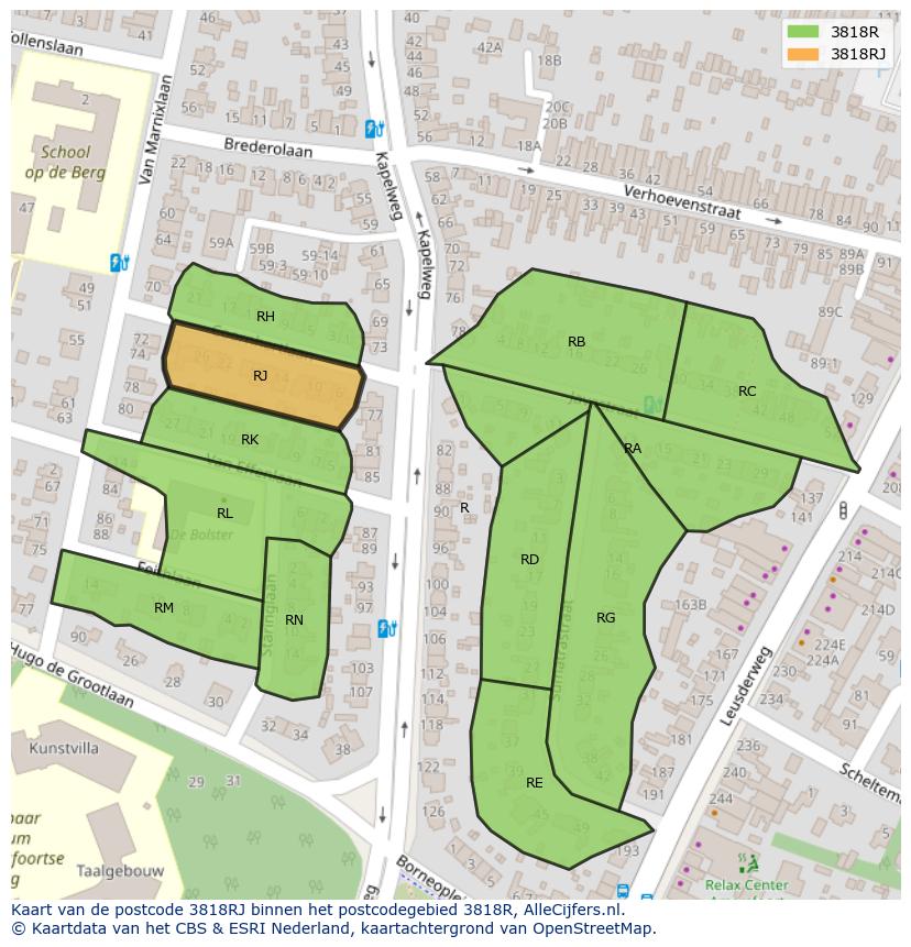 Afbeelding van het postcodegebied 3818 RJ op de kaart.