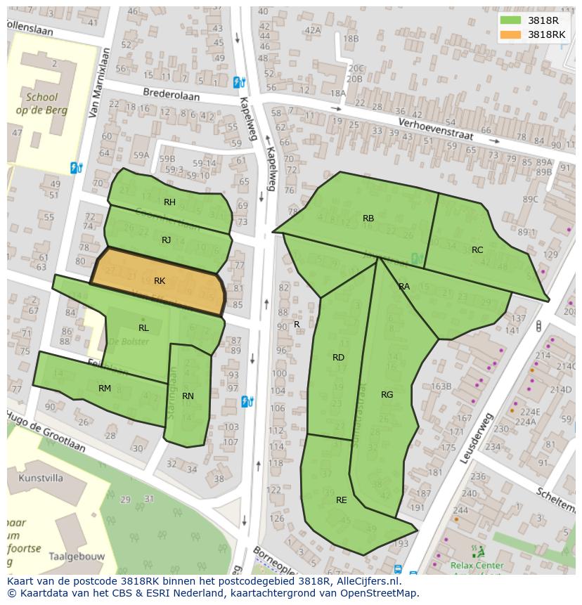 Afbeelding van het postcodegebied 3818 RK op de kaart.
