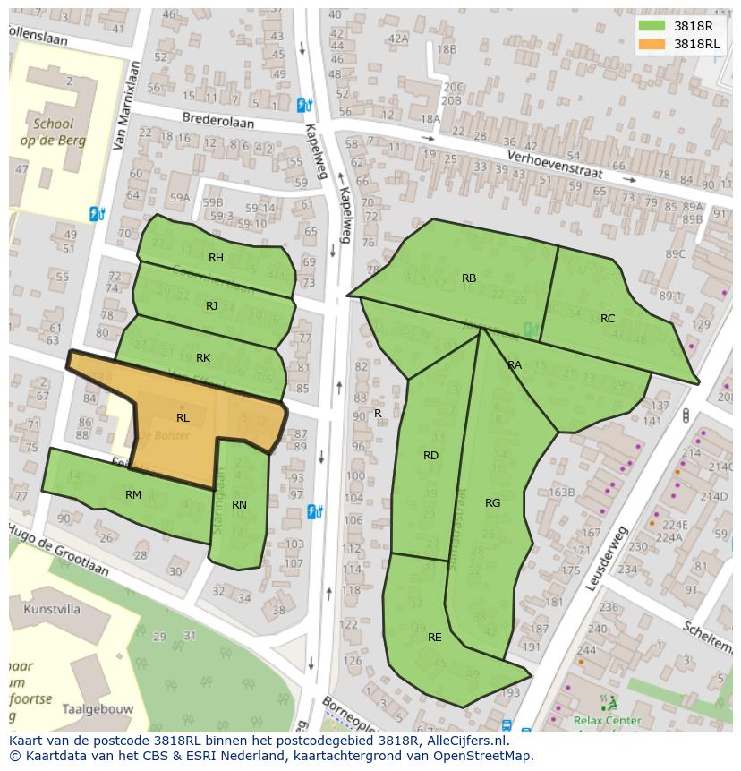 Afbeelding van het postcodegebied 3818 RL op de kaart.