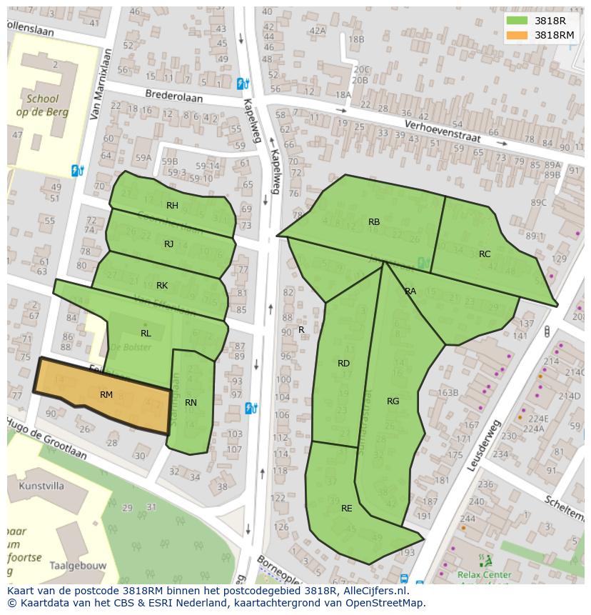Afbeelding van het postcodegebied 3818 RM op de kaart.