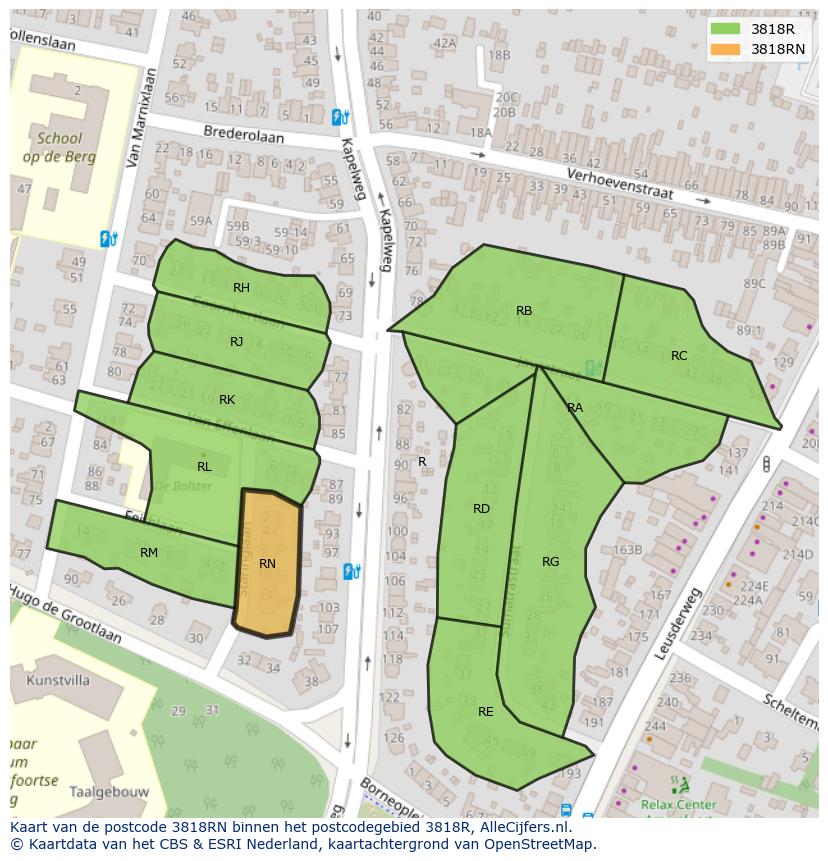 Afbeelding van het postcodegebied 3818 RN op de kaart.