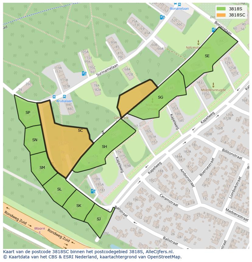 Afbeelding van het postcodegebied 3818 SC op de kaart.