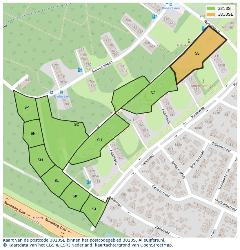 Afbeelding van het postcodegebied 3818 SE op de kaart.