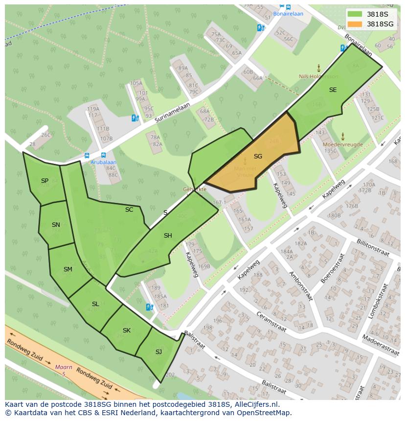 Afbeelding van het postcodegebied 3818 SG op de kaart.