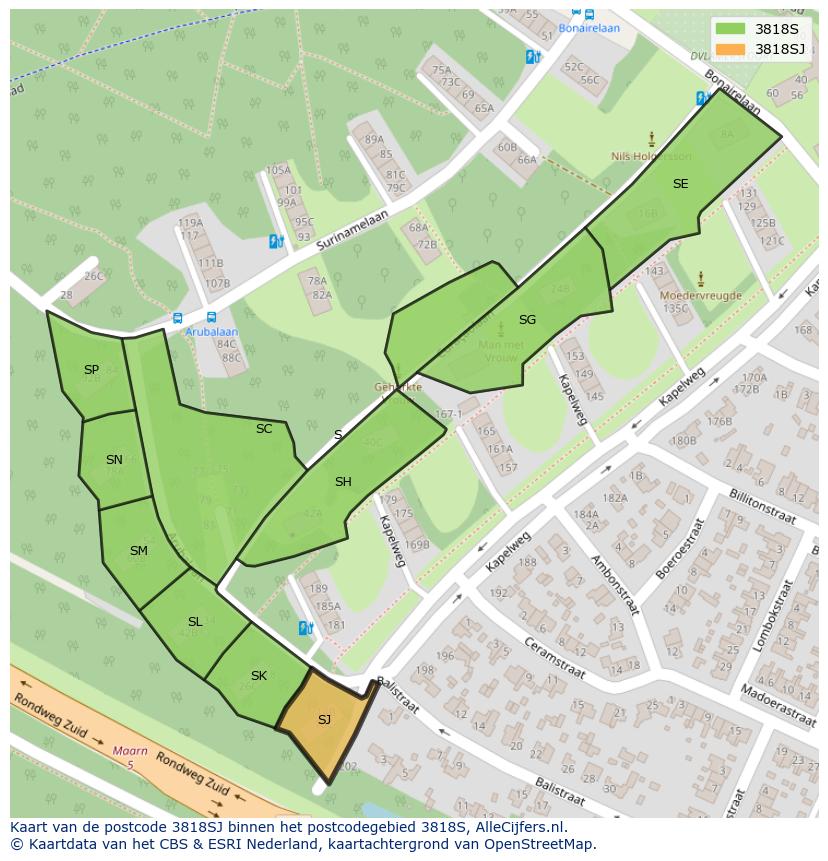 Afbeelding van het postcodegebied 3818 SJ op de kaart.