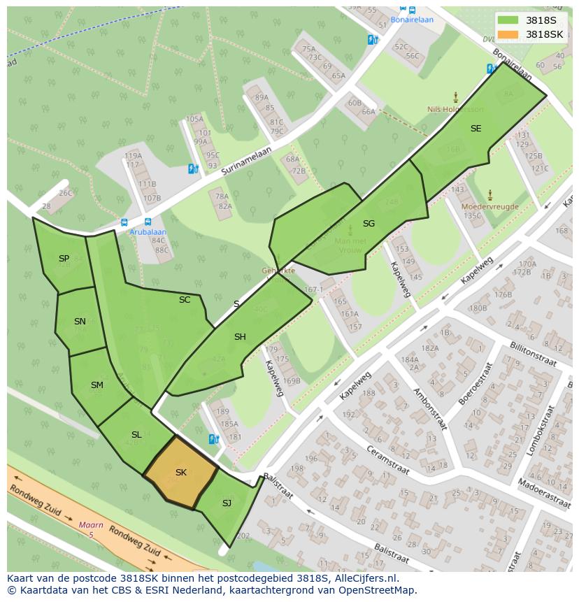Afbeelding van het postcodegebied 3818 SK op de kaart.