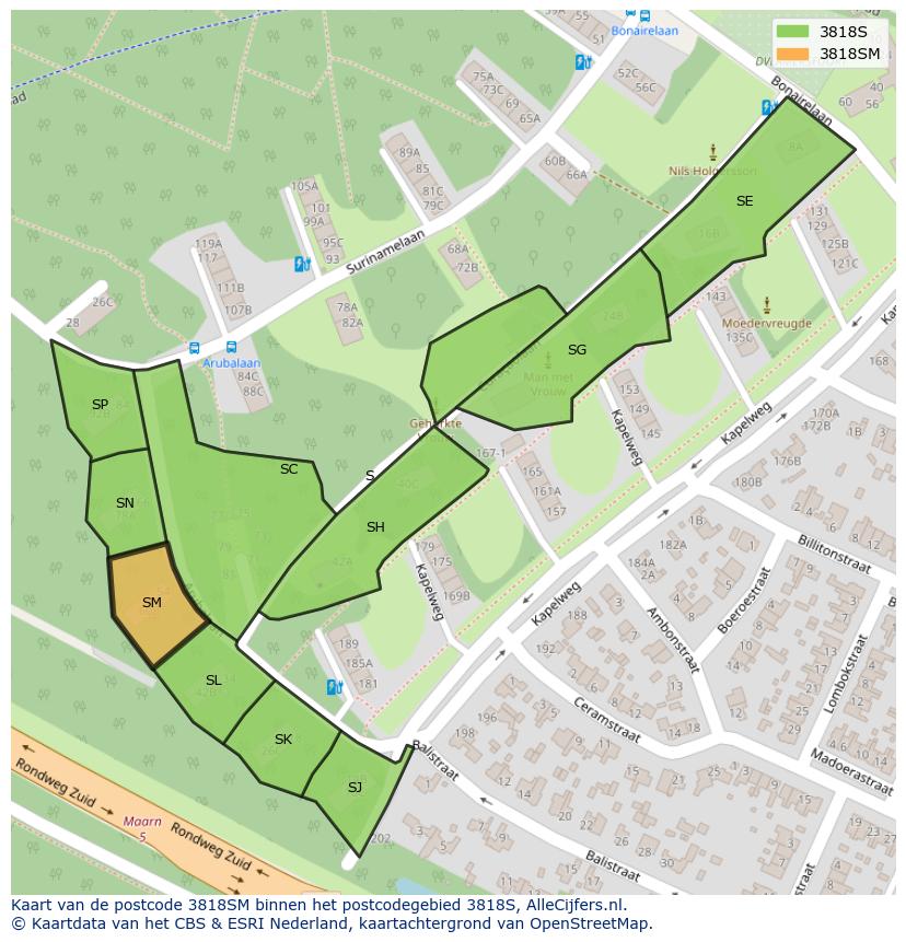 Afbeelding van het postcodegebied 3818 SM op de kaart.