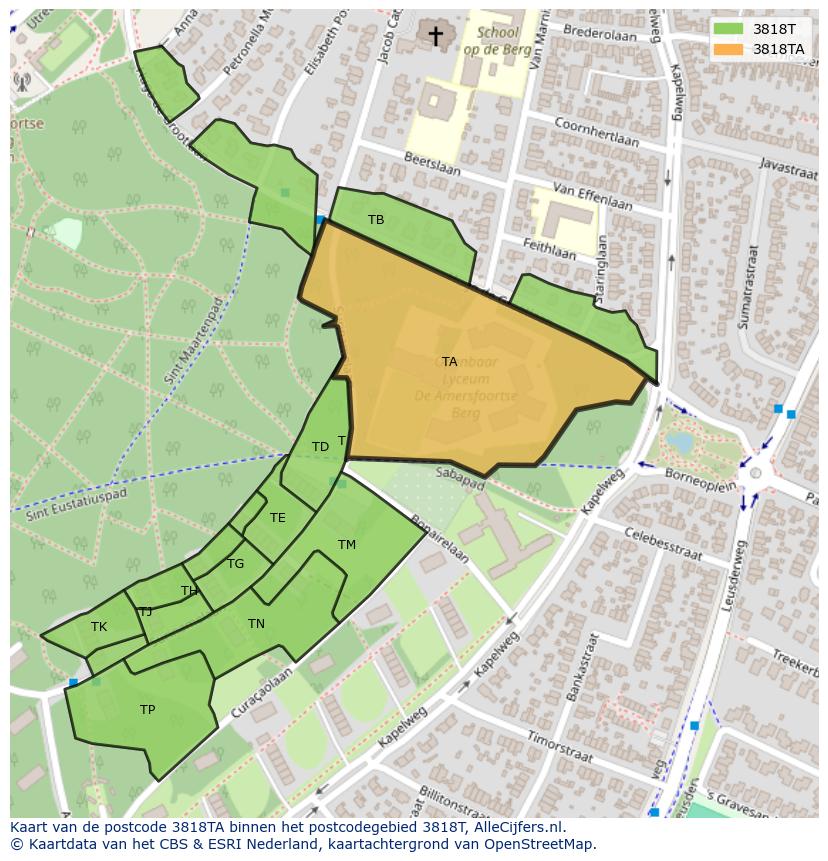 Afbeelding van het postcodegebied 3818 TA op de kaart.