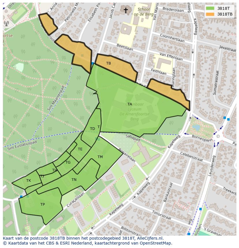 Afbeelding van het postcodegebied 3818 TB op de kaart.