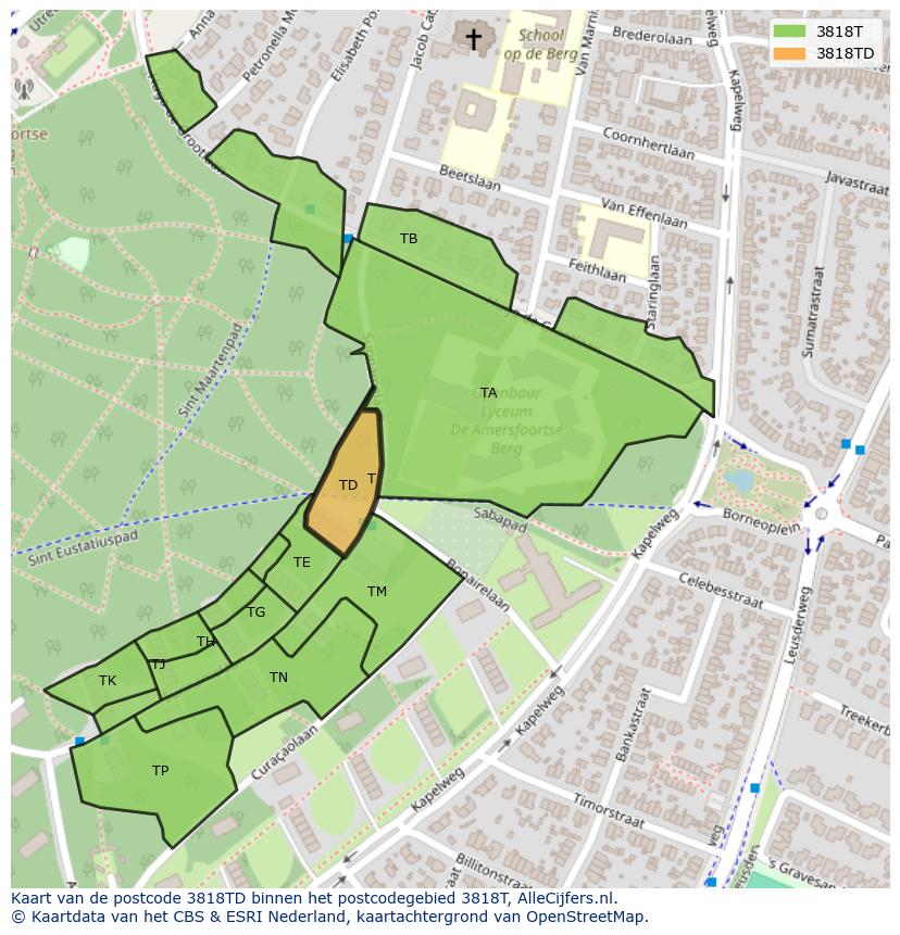 Afbeelding van het postcodegebied 3818 TD op de kaart.