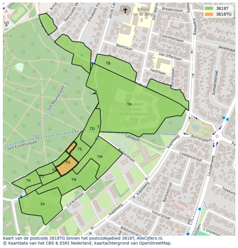 Afbeelding van het postcodegebied 3818 TG op de kaart.