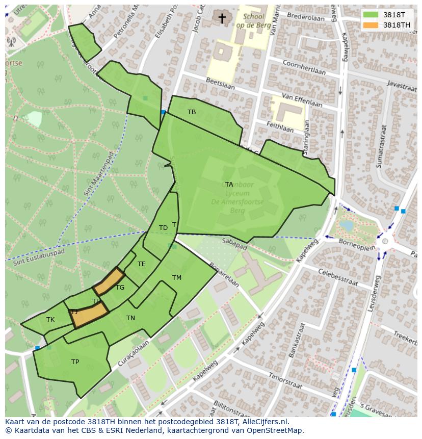 Afbeelding van het postcodegebied 3818 TH op de kaart.