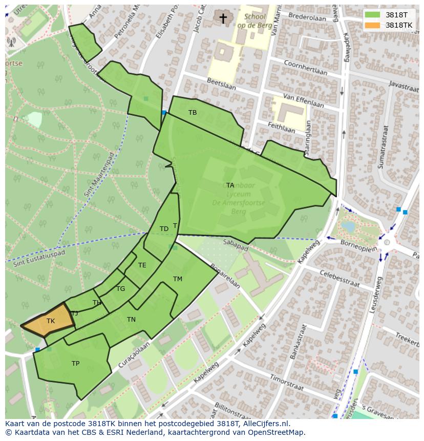 Afbeelding van het postcodegebied 3818 TK op de kaart.