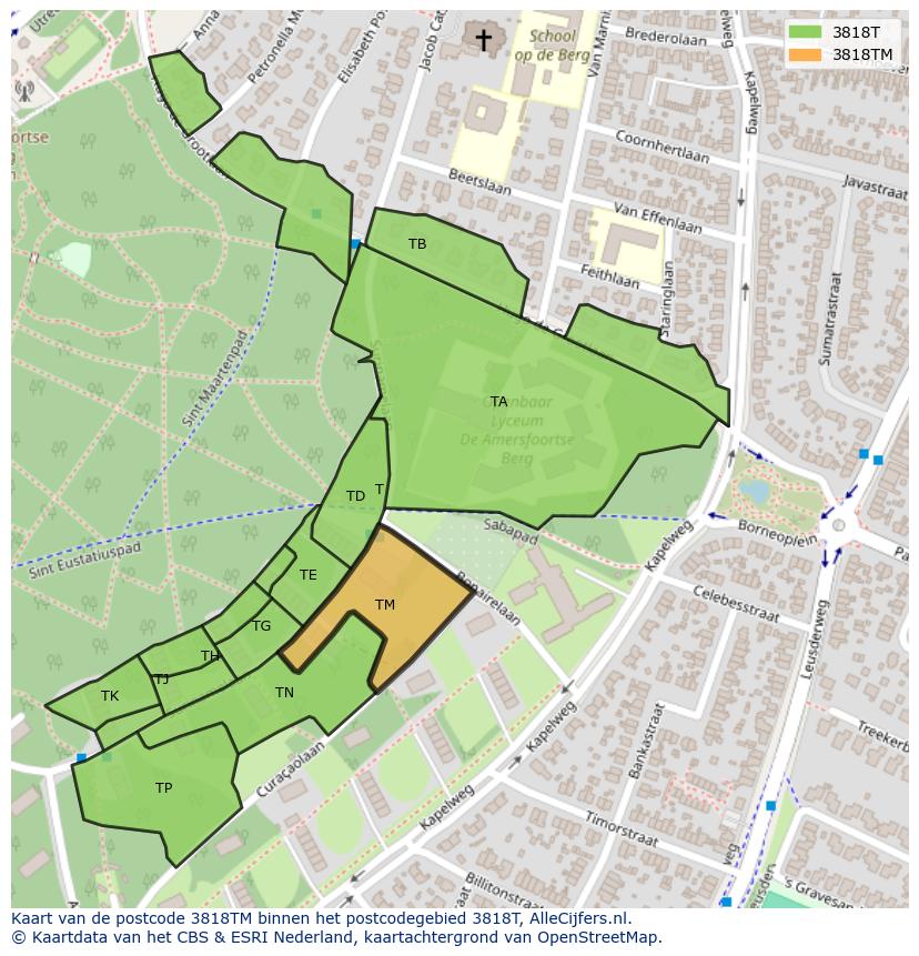 Afbeelding van het postcodegebied 3818 TM op de kaart.