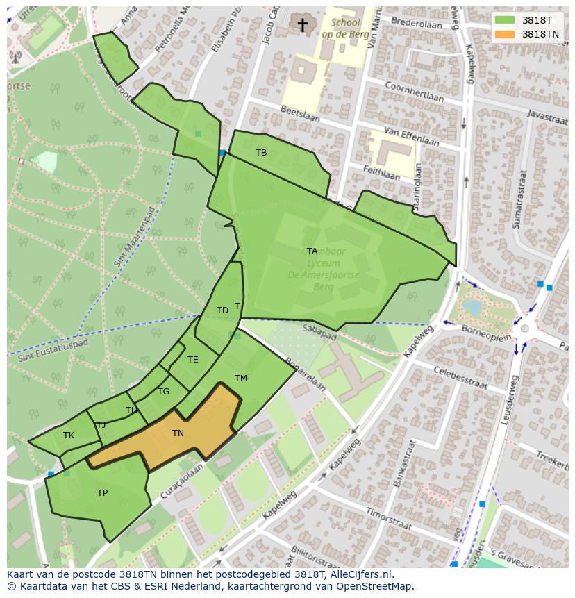 Afbeelding van het postcodegebied 3818 TN op de kaart.