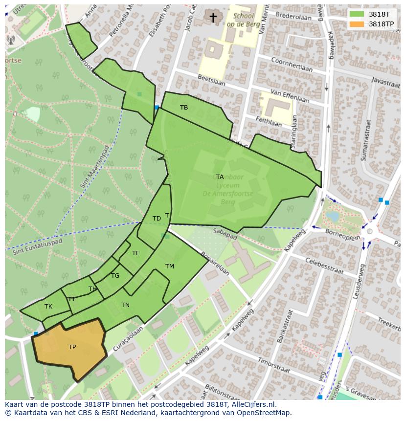 Afbeelding van het postcodegebied 3818 TP op de kaart.