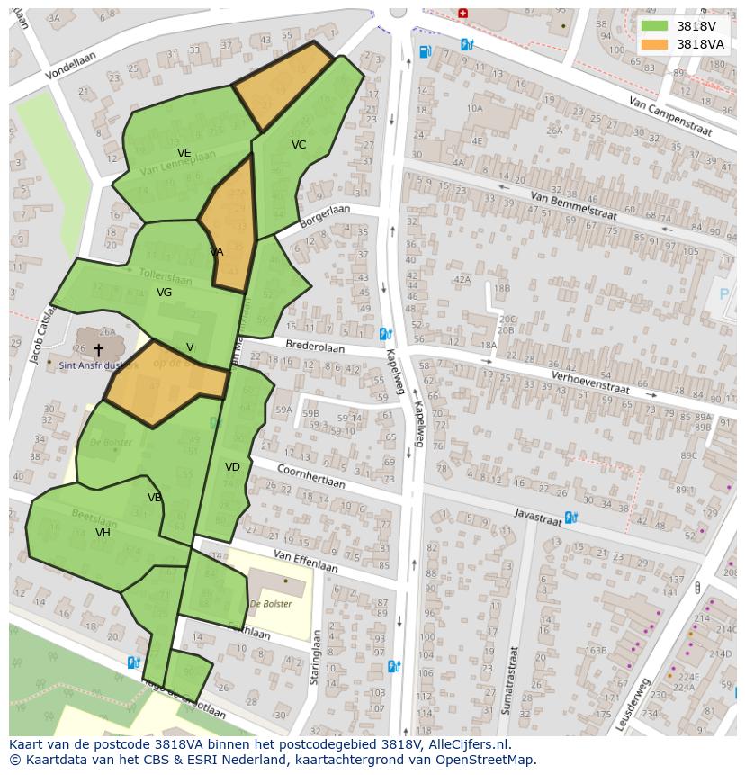 Afbeelding van het postcodegebied 3818 VA op de kaart.