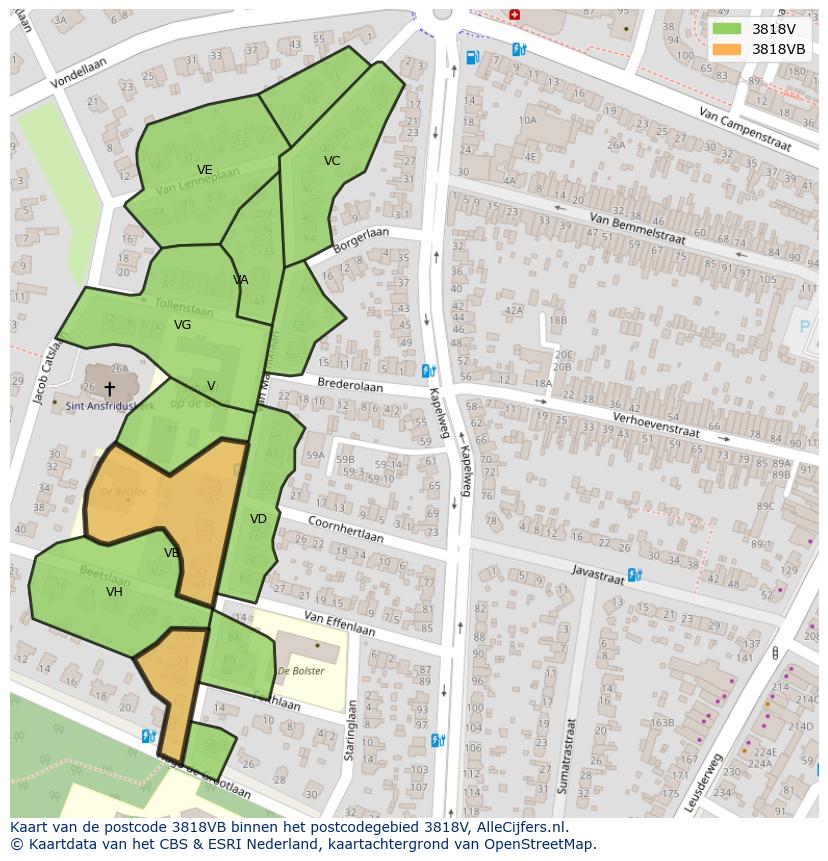 Afbeelding van het postcodegebied 3818 VB op de kaart.