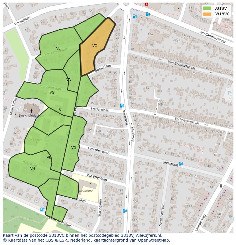 Afbeelding van het postcodegebied 3818 VC op de kaart.