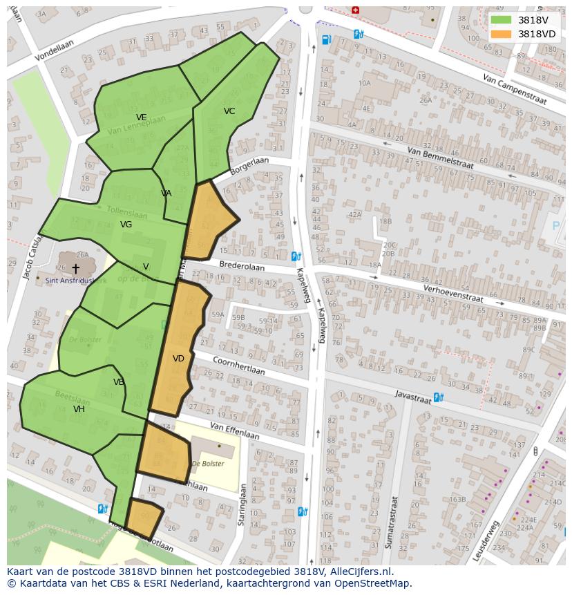 Afbeelding van het postcodegebied 3818 VD op de kaart.