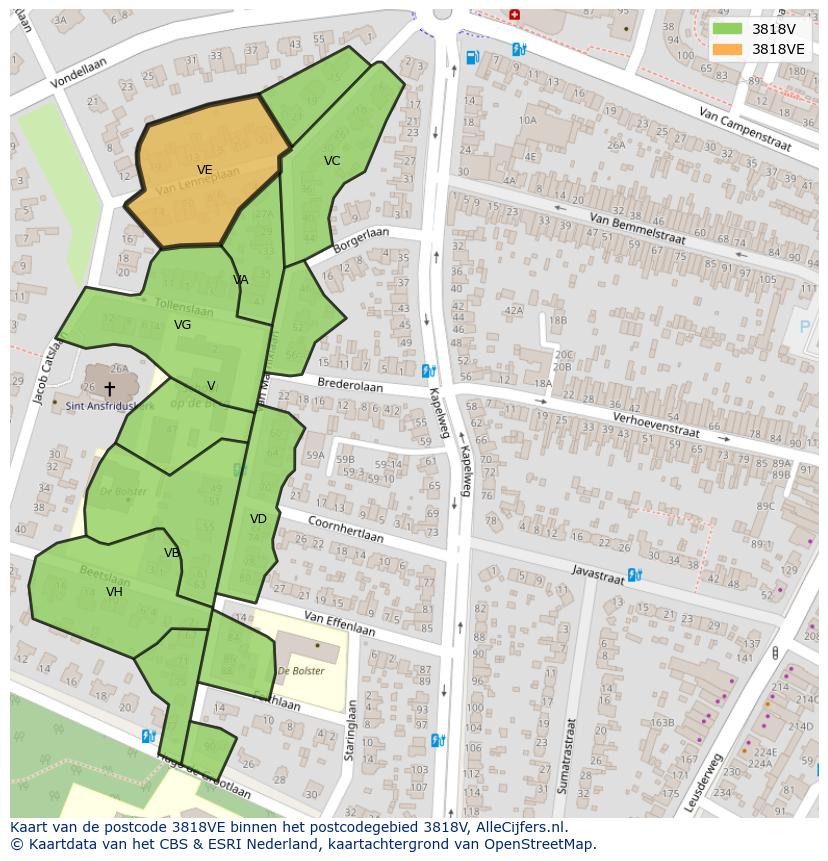 Afbeelding van het postcodegebied 3818 VE op de kaart.