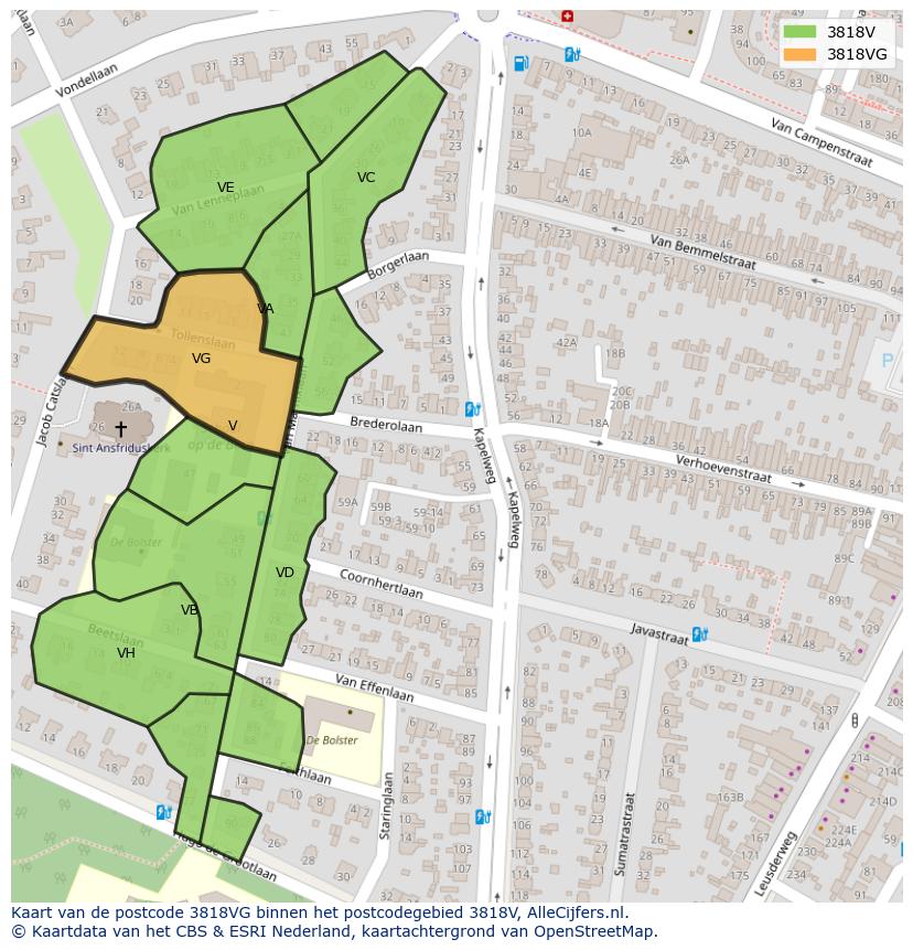 Afbeelding van het postcodegebied 3818 VG op de kaart.