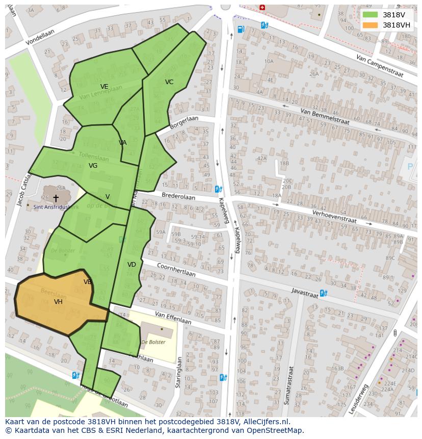 Afbeelding van het postcodegebied 3818 VH op de kaart.