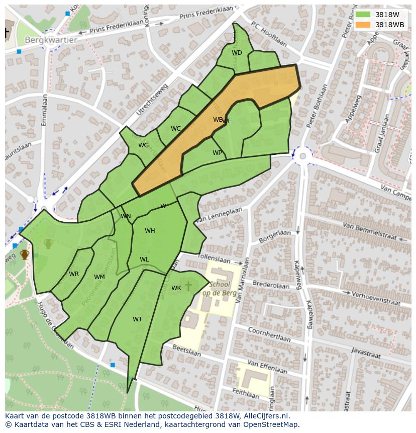 Afbeelding van het postcodegebied 3818 WB op de kaart.