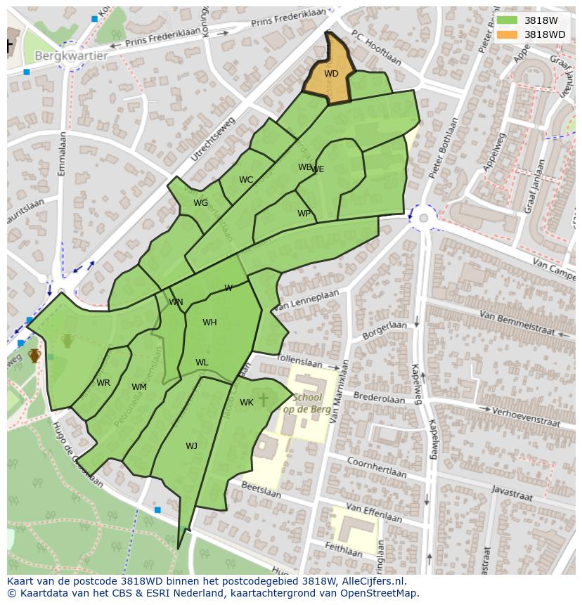 Afbeelding van het postcodegebied 3818 WD op de kaart.