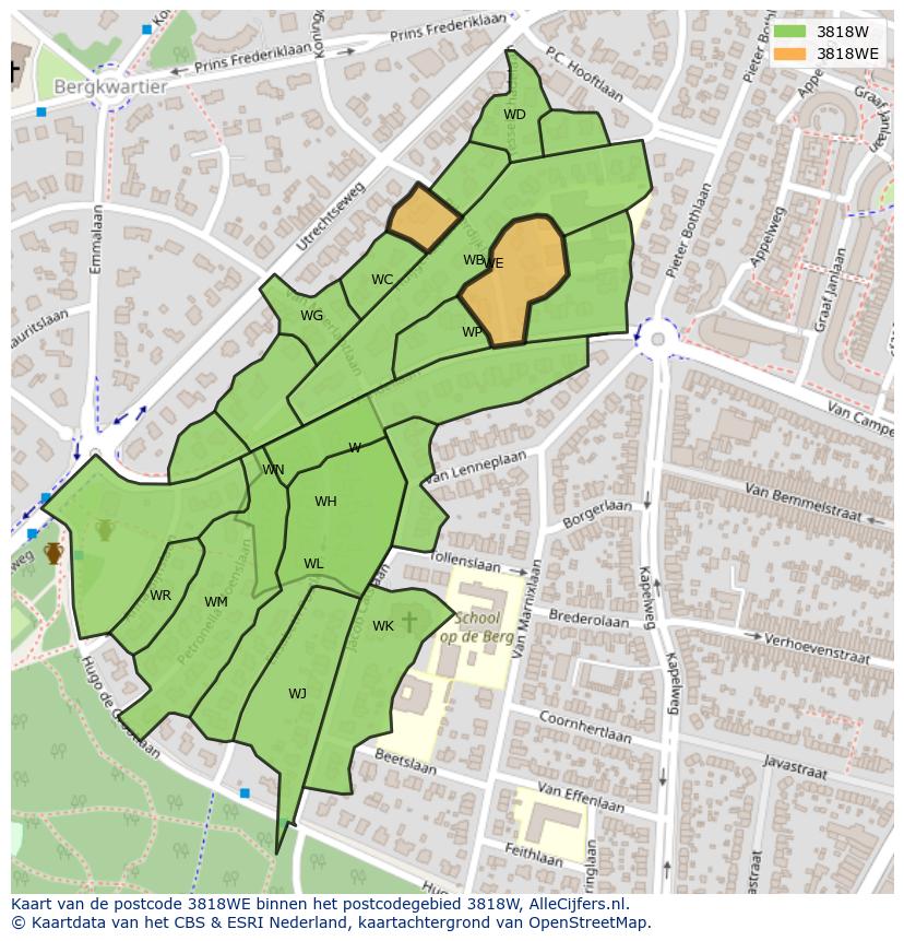 Afbeelding van het postcodegebied 3818 WE op de kaart.