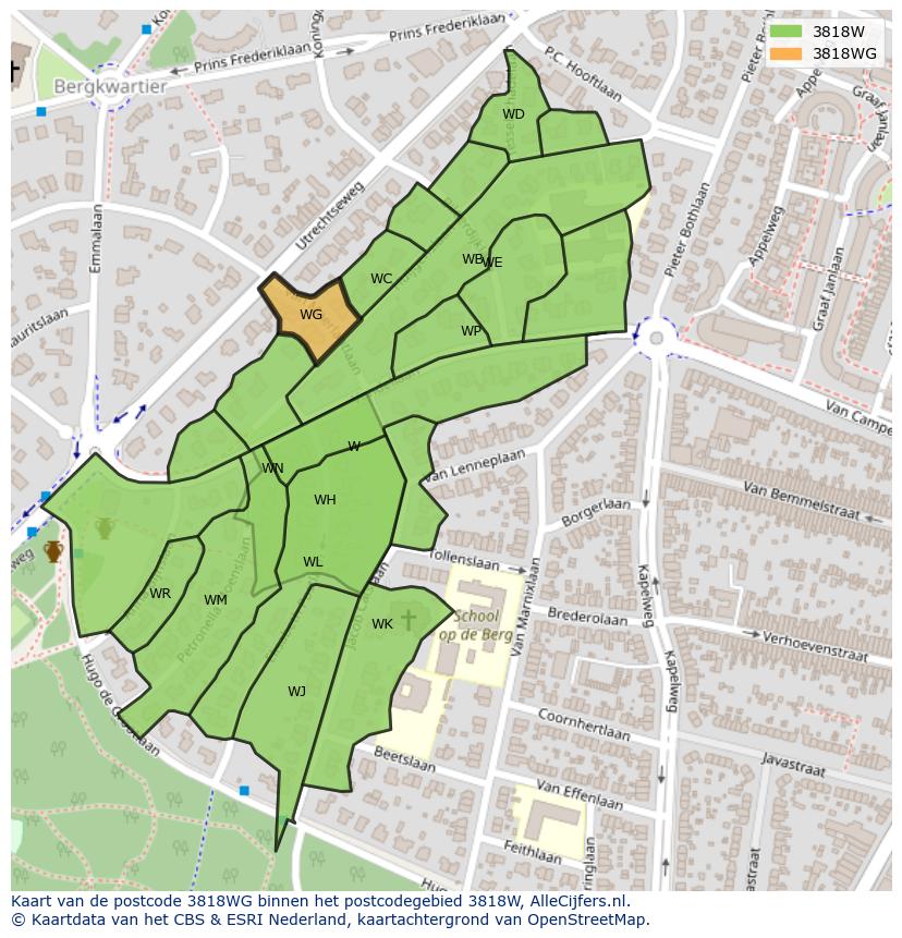 Afbeelding van het postcodegebied 3818 WG op de kaart.