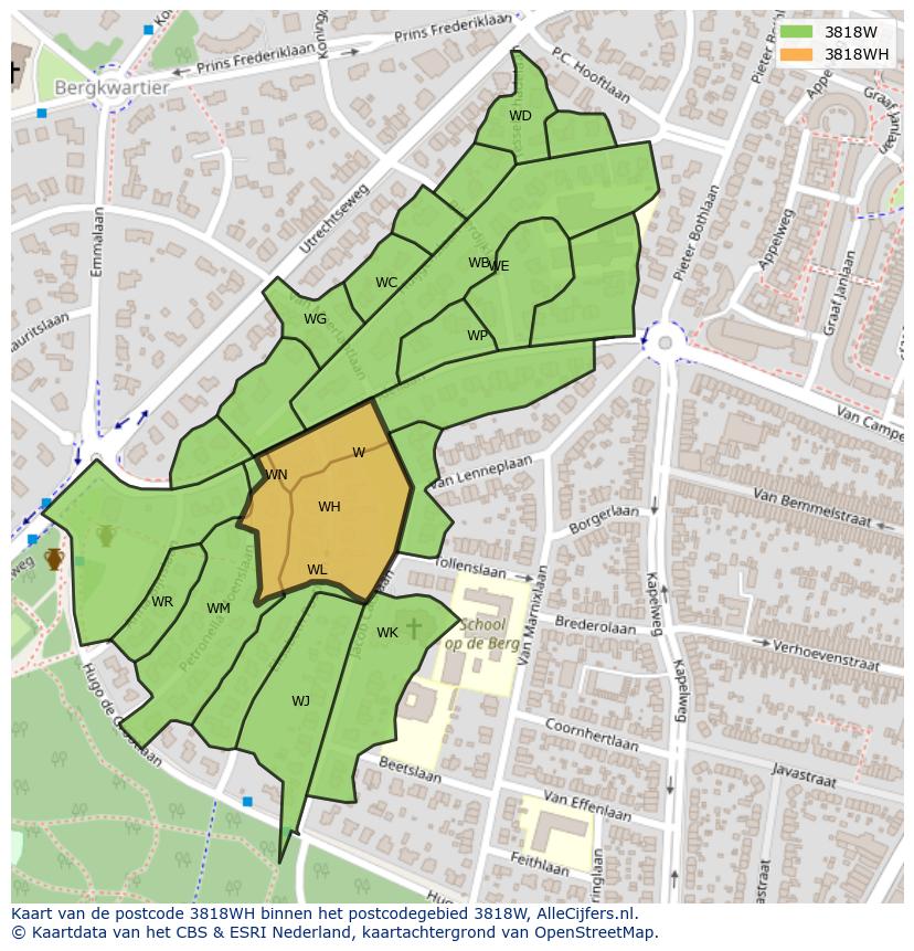 Afbeelding van het postcodegebied 3818 WH op de kaart.