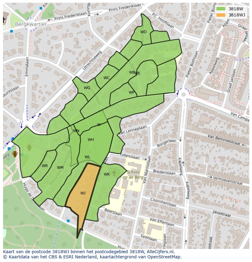 Afbeelding van het postcodegebied 3818 WJ op de kaart.