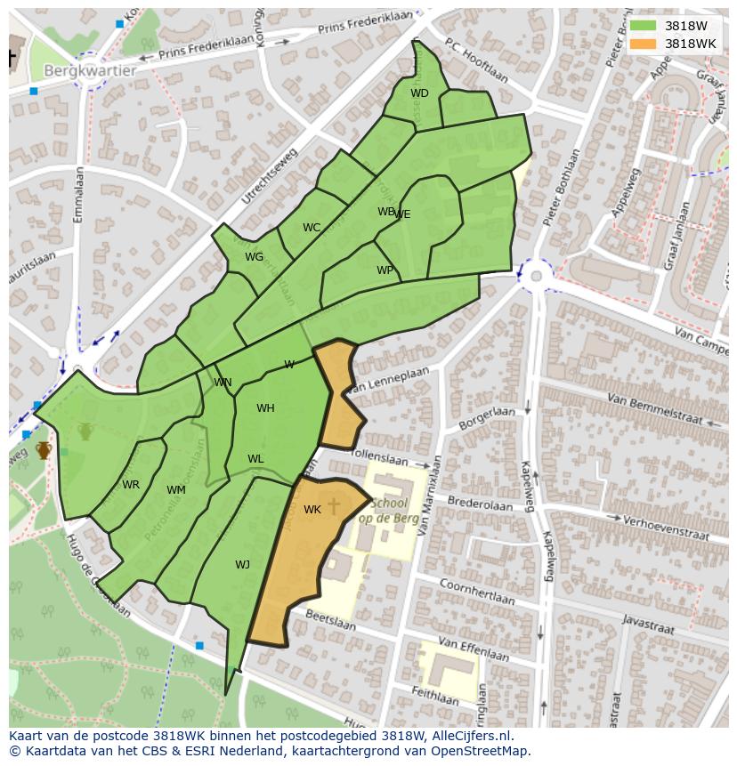 Afbeelding van het postcodegebied 3818 WK op de kaart.