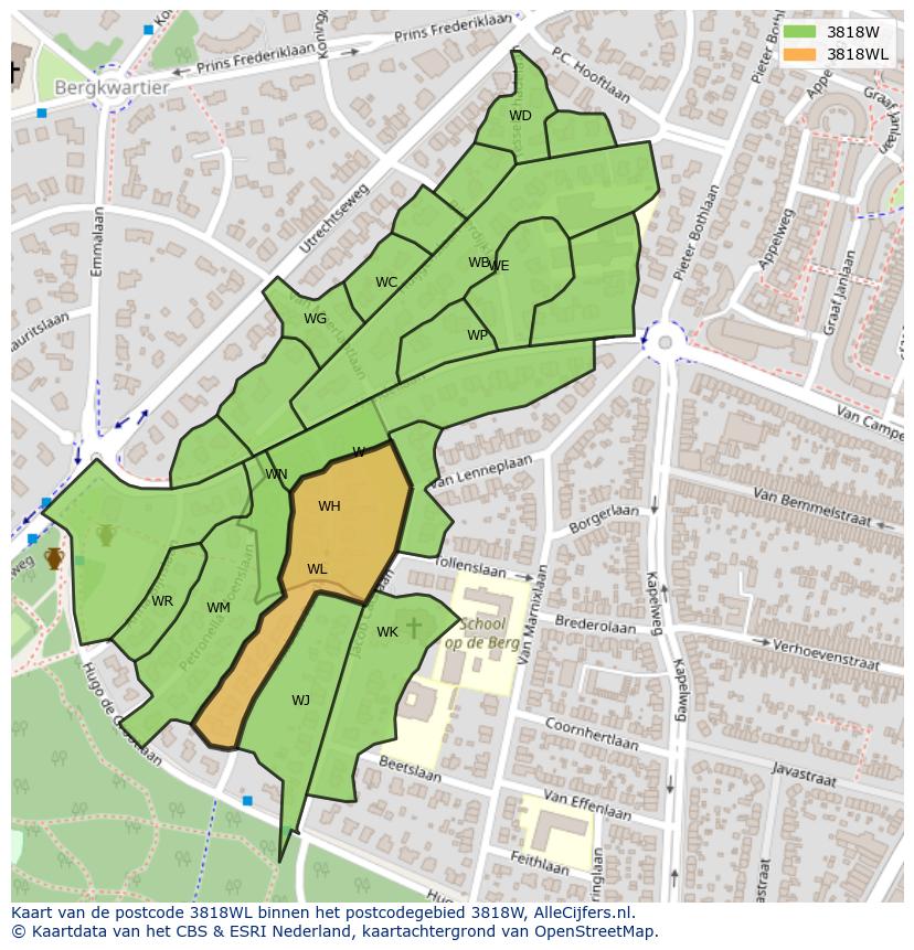 Afbeelding van het postcodegebied 3818 WL op de kaart.