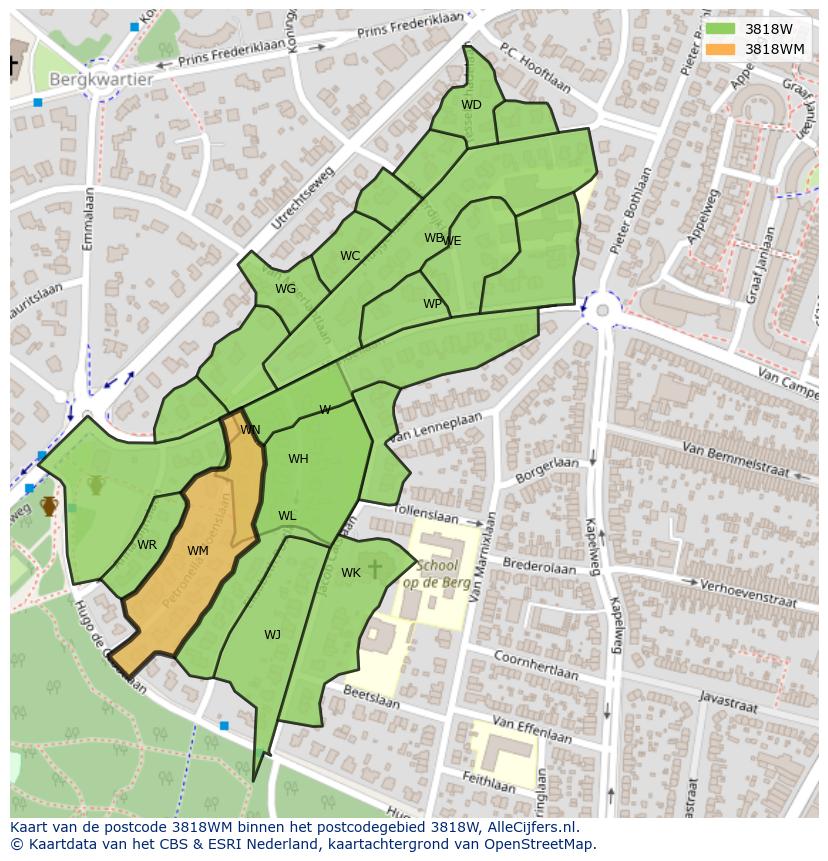 Afbeelding van het postcodegebied 3818 WM op de kaart.