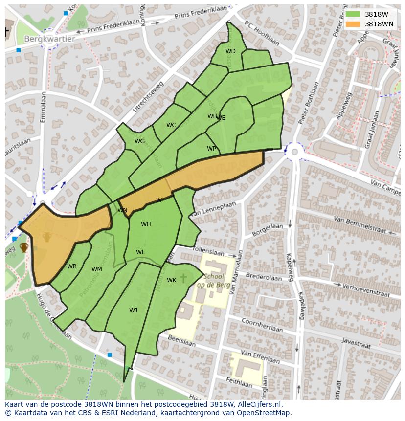 Afbeelding van het postcodegebied 3818 WN op de kaart.