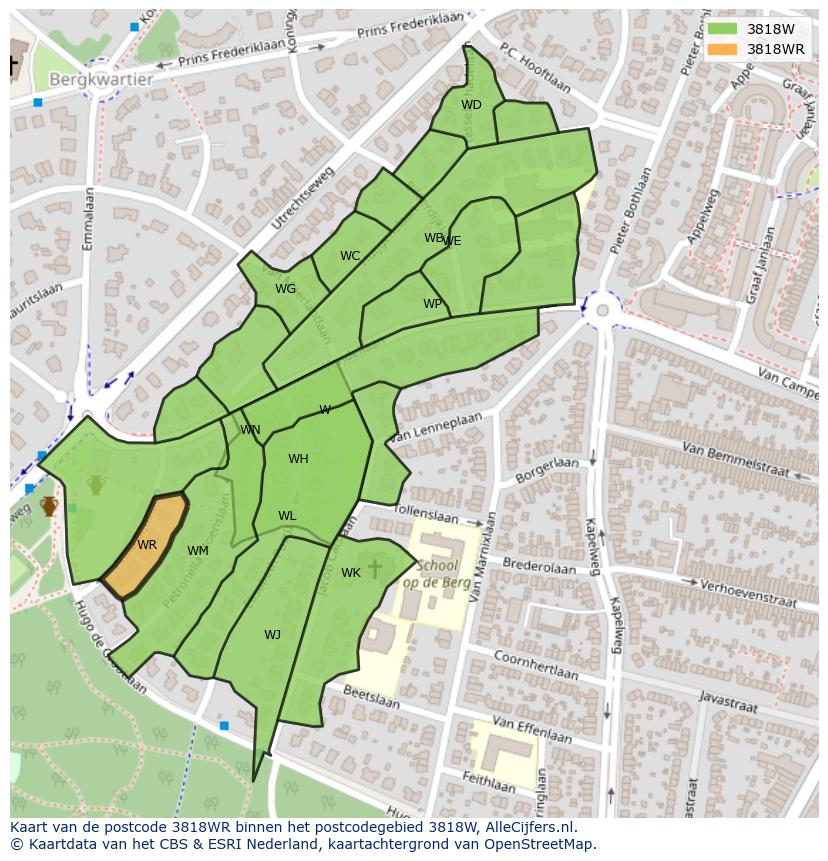 Afbeelding van het postcodegebied 3818 WR op de kaart.